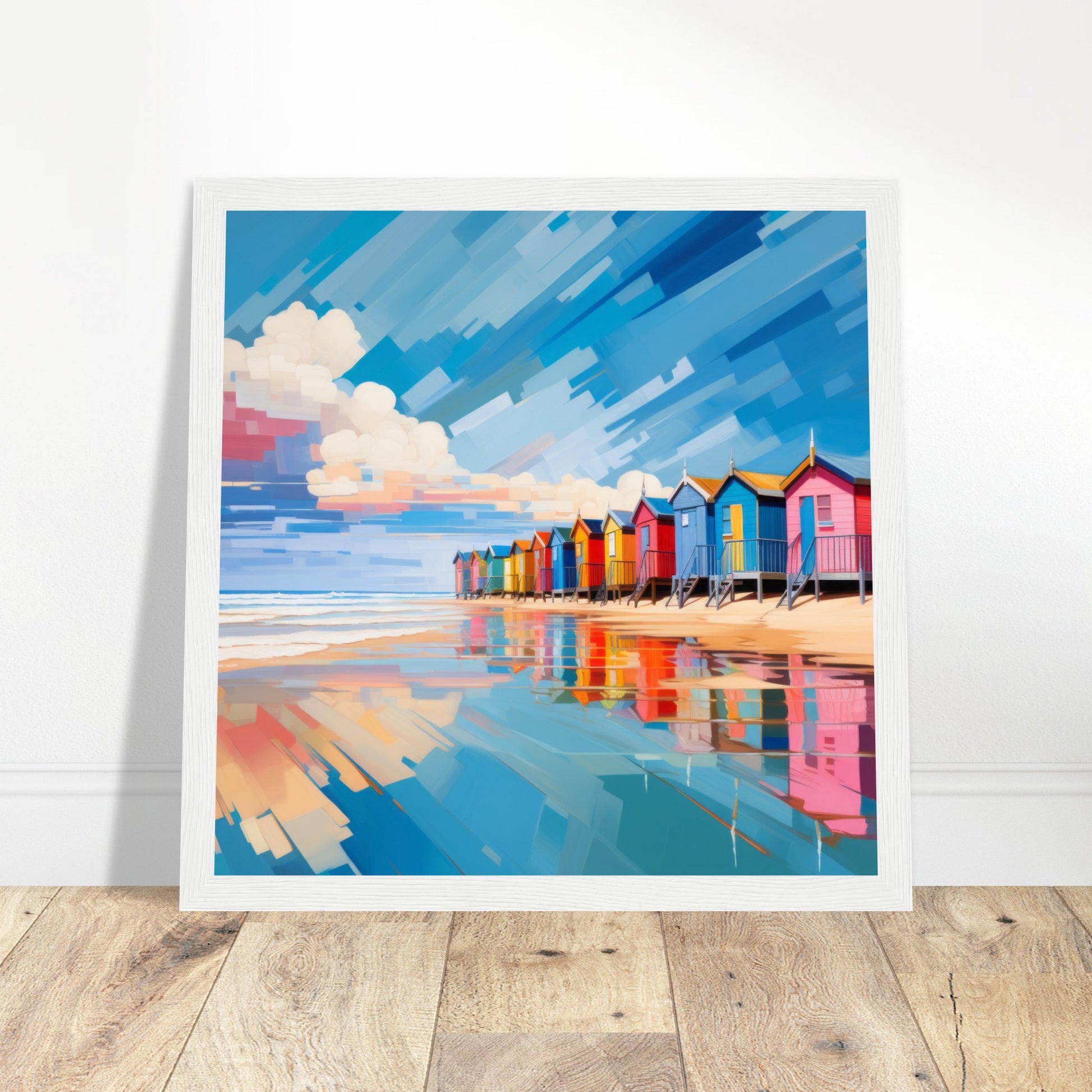 Vibrant Beach Huts Beach Art - Print Room Ltd Dark wood frame 30x30 cm / 12x12"