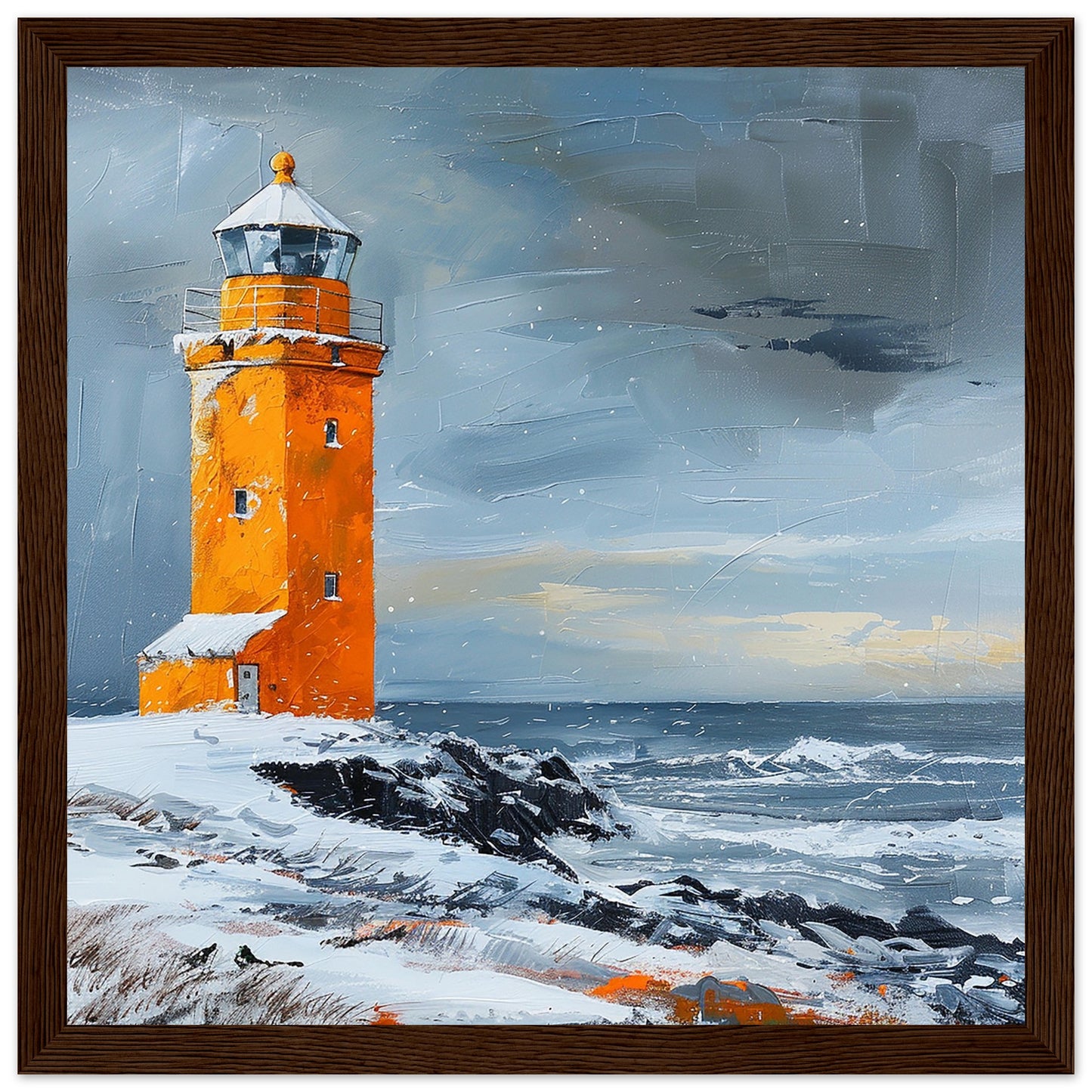 Guardian of the North: Svörtulóft Lighthouse in Winter - Large Framed Dark Wood | By Print Room Ltd