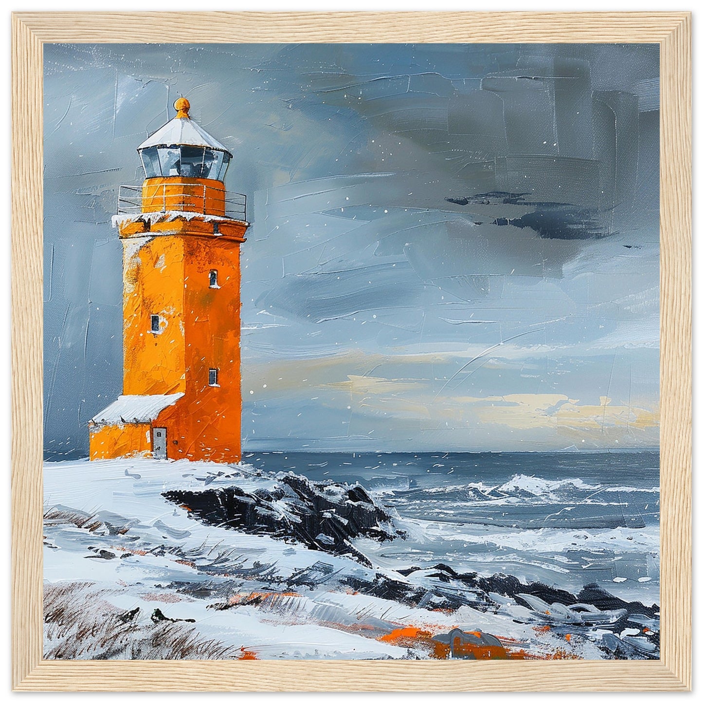 Guardian of the North: Svörtulóft Lighthouse in Winter - Large Framed Wood | By Print Room Ltd