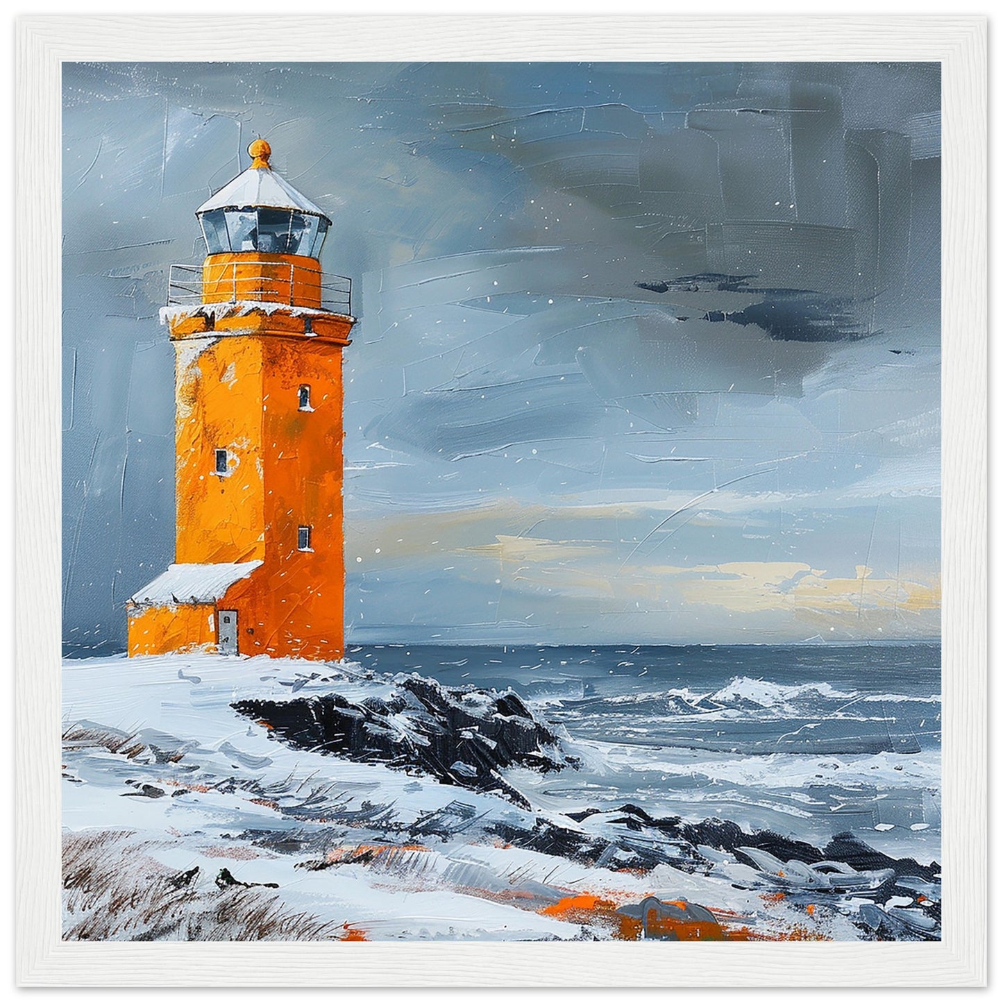 Guardian of the North: Svörtulóft Lighthouse in Winter - Large Framed White | By Print Room Ltd
