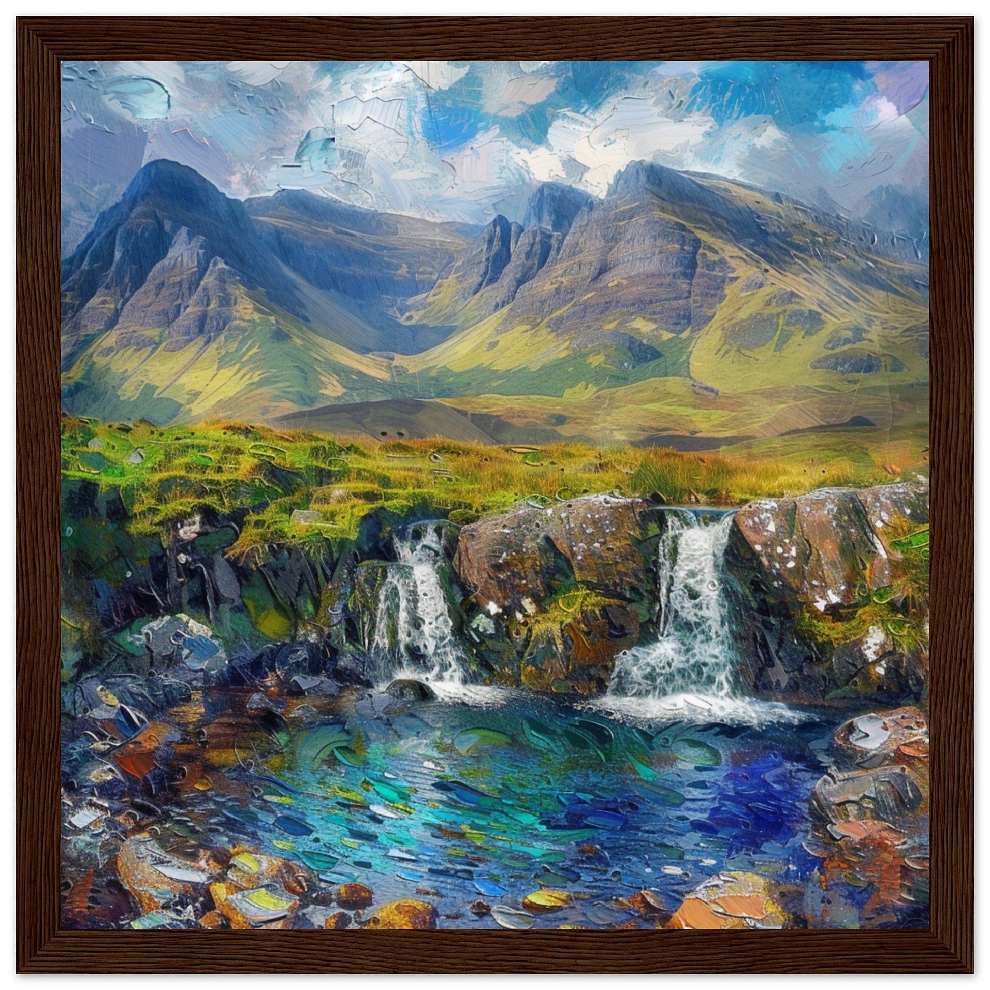 Isle of Skye’s Enchanted Fairy Pools dark wood framed art print | By Print Room Ltd