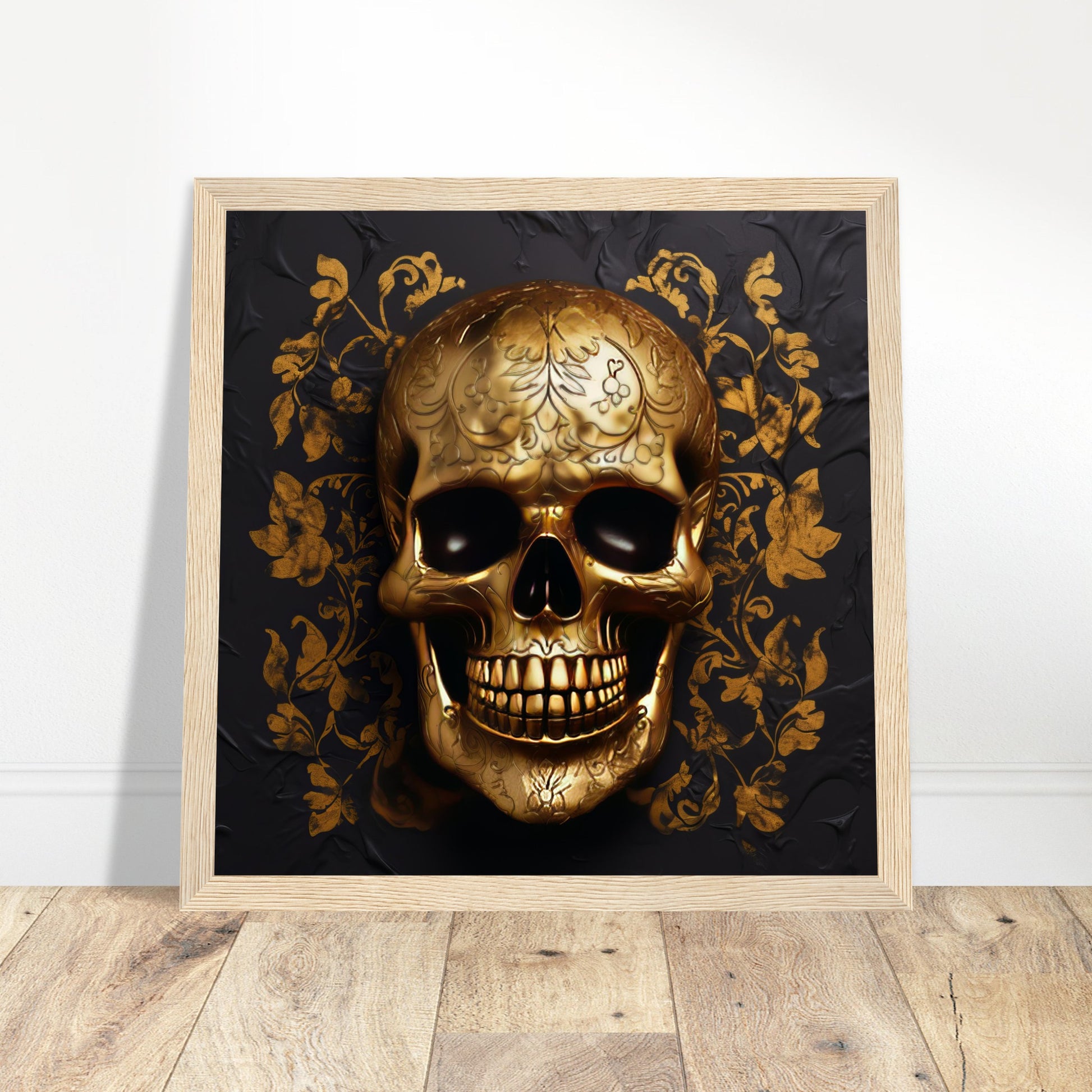 Gilded Reverie - Gold Skull Print - Print Room Ltd Dark wood frame 30x30 cm / 12x12"