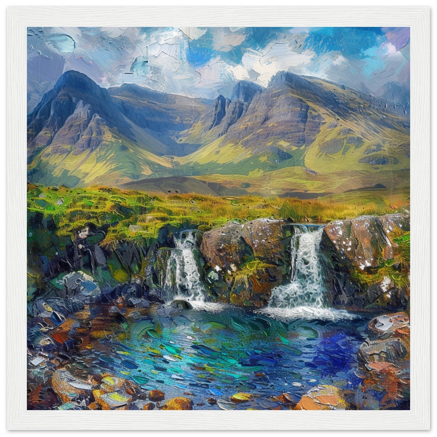Isle of Skye’s Enchanted Fairy Pools white framed art print | By Print Room Ltd