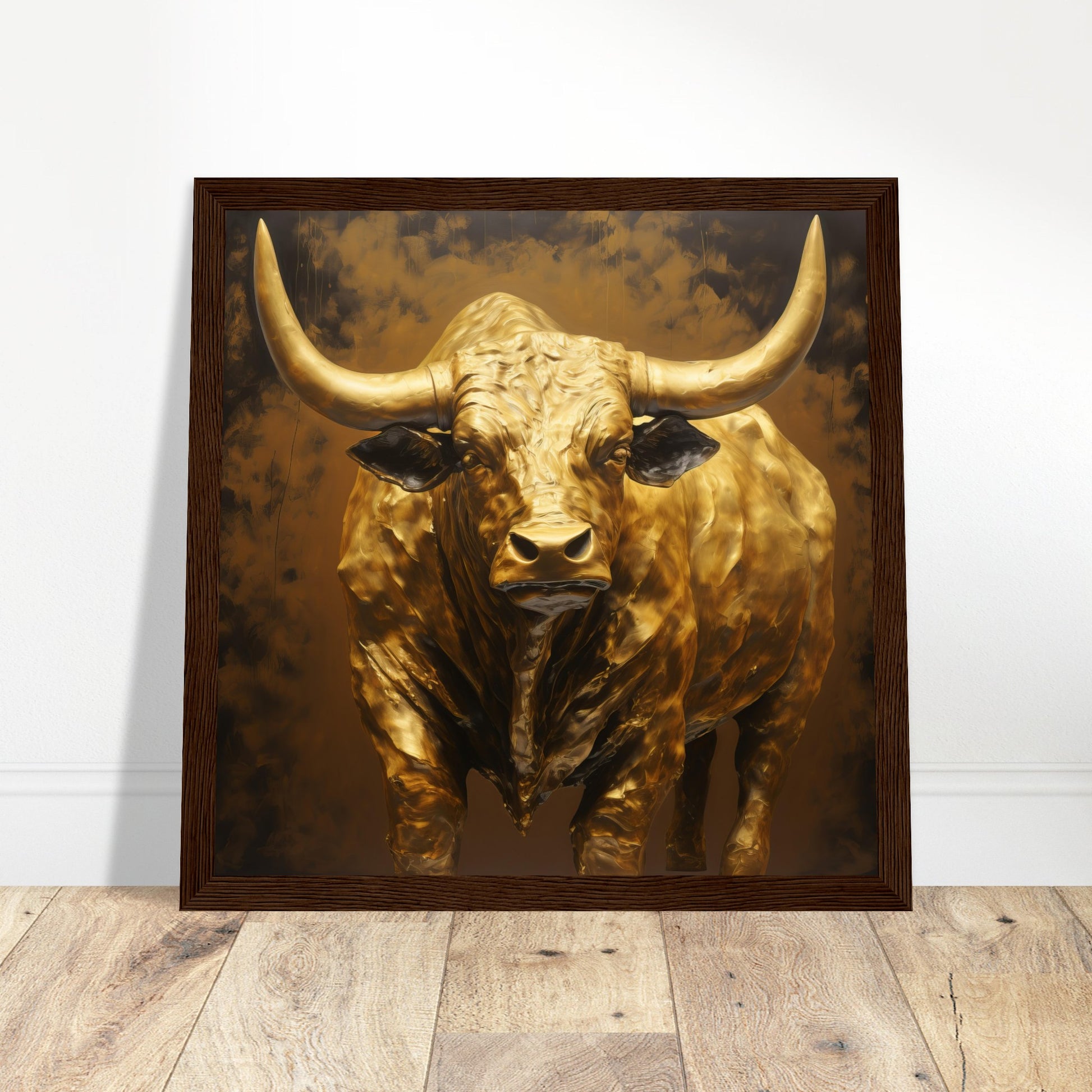 Gold Bull art Print - Print Room Ltd Dark wood frame 70x70 cm / 28x28"