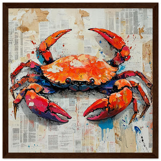 Abstract Crab Over Vintage Newsprint Art Print Dark Wood Frame