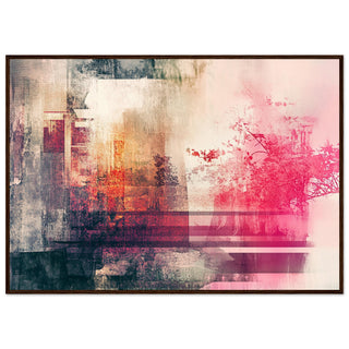 Abstract Floral Mixed Media in Vibrant Pink and Orange Dark Wood Framed Art Print