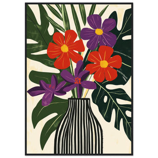 Tropical Blooms in Stripes Art Print Black Frame