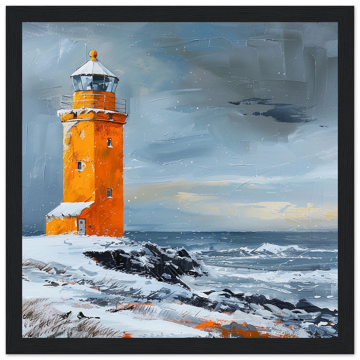 Guardian of the North: Svörtulóft Lighthouse in Winter - Large Framed Black| By Print Room Ltd