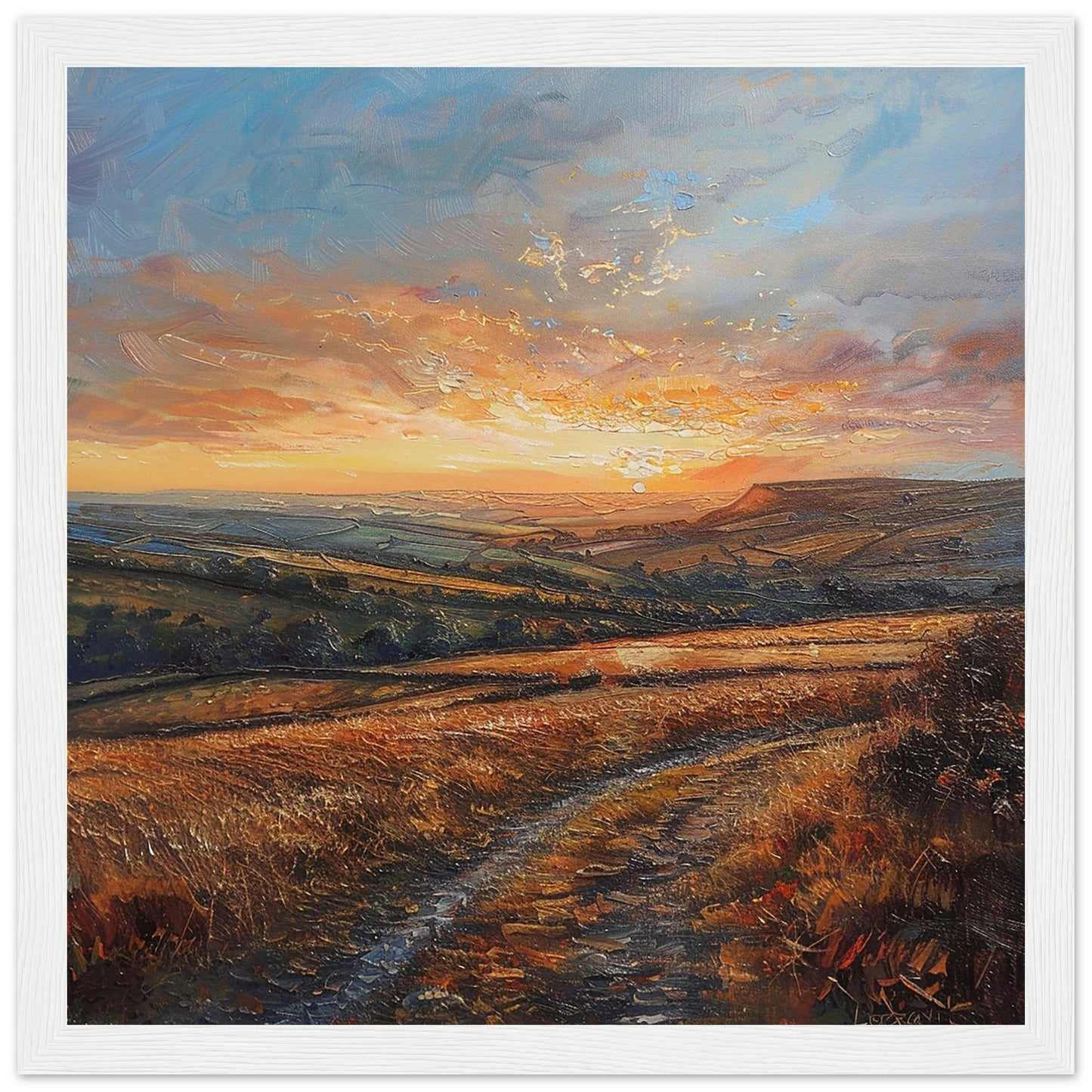 Amber Awakening: Sunrise over Glossop Dale white wood framed art print | by Print Room Ltd