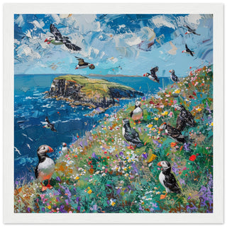 Skomer Island Serenade: Puffins in Paradise white framed art print | By Print Room Ltd
