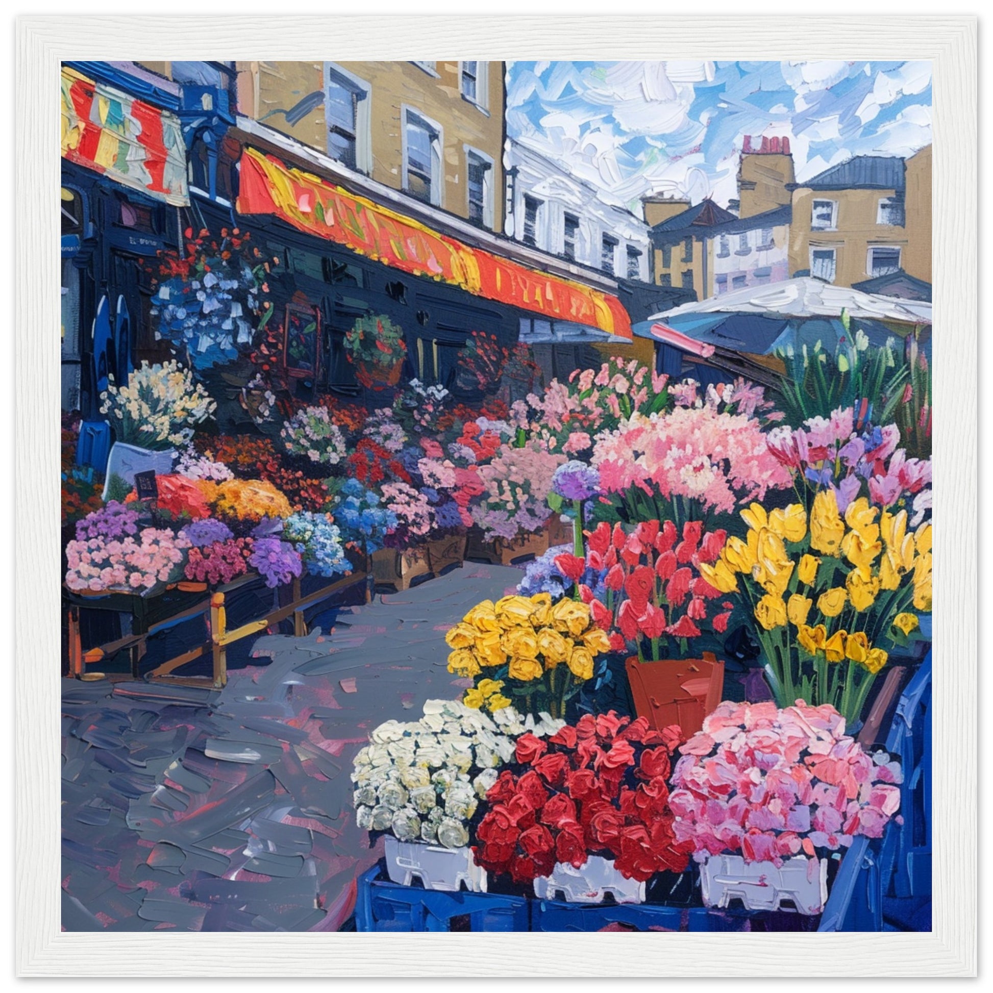 Blooms of London’s Columbia Road white  framed art print | By Print Room Ltd