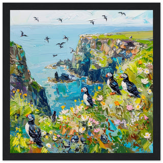 Puffins of Skomer Island: Coastal Elegance black framed art print | By Print Room Ltd