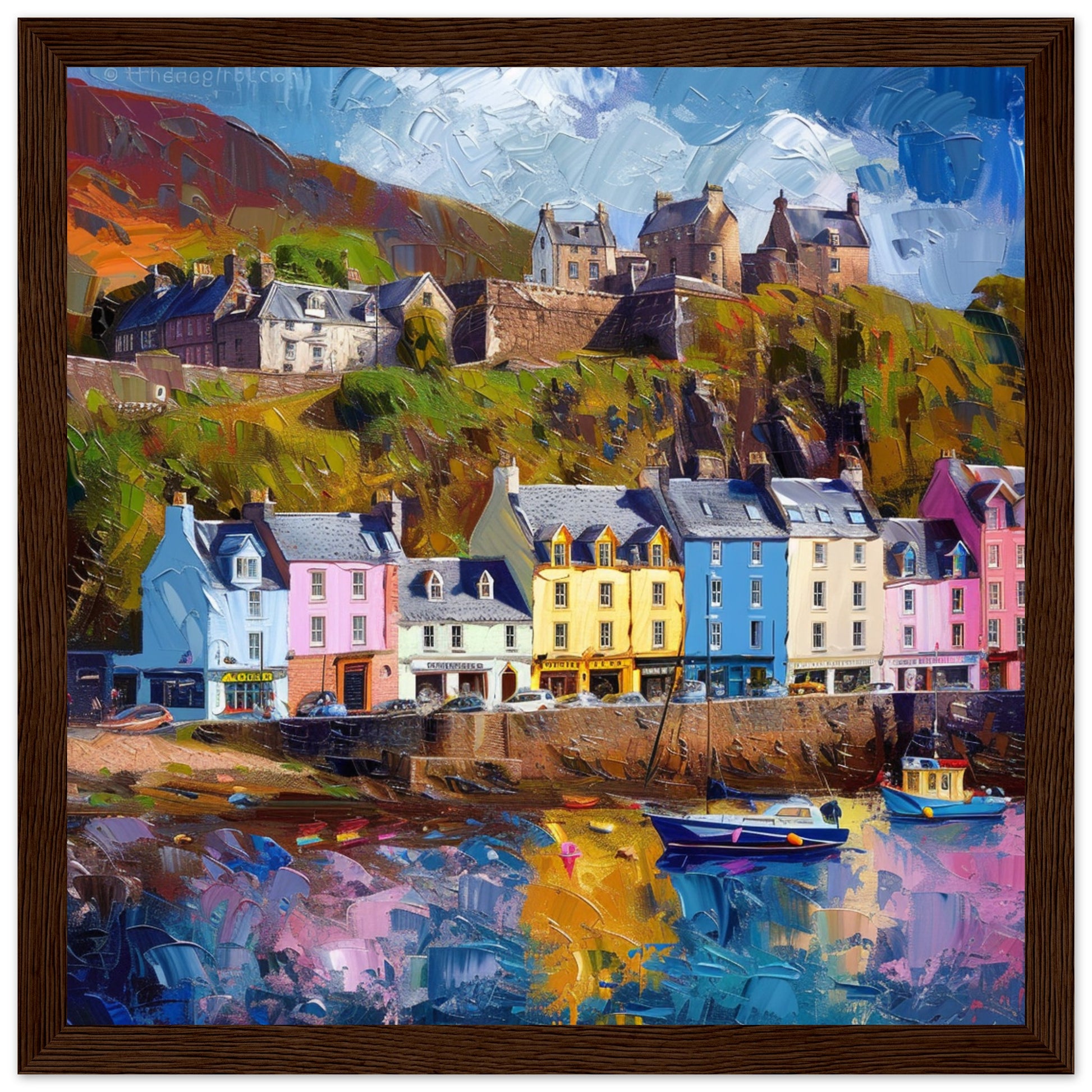 Portree Harbour: Isle of Skye’s Colourful Quay dark wood framed art print | By Print Room Ltd