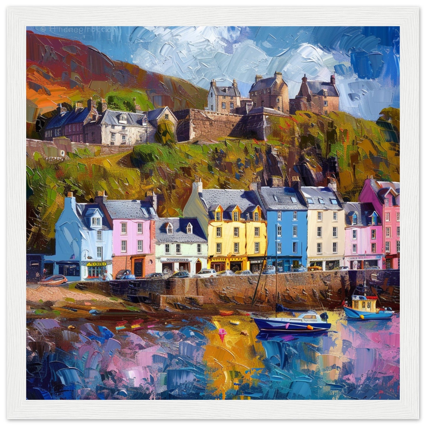 Portree Harbour: Isle of Skye’s Colourful Quay white framed art print | By Print Room Ltd