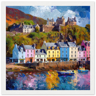 Portree Harbour: Isle of Skye’s Colourful Quay white framed art print | By Print Room Ltd