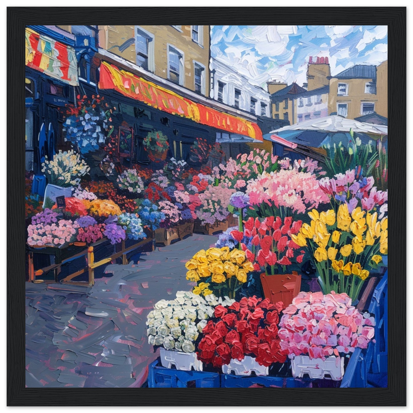 Blooms of London’s Columbia Road black framed art print | By Print Room Ltd