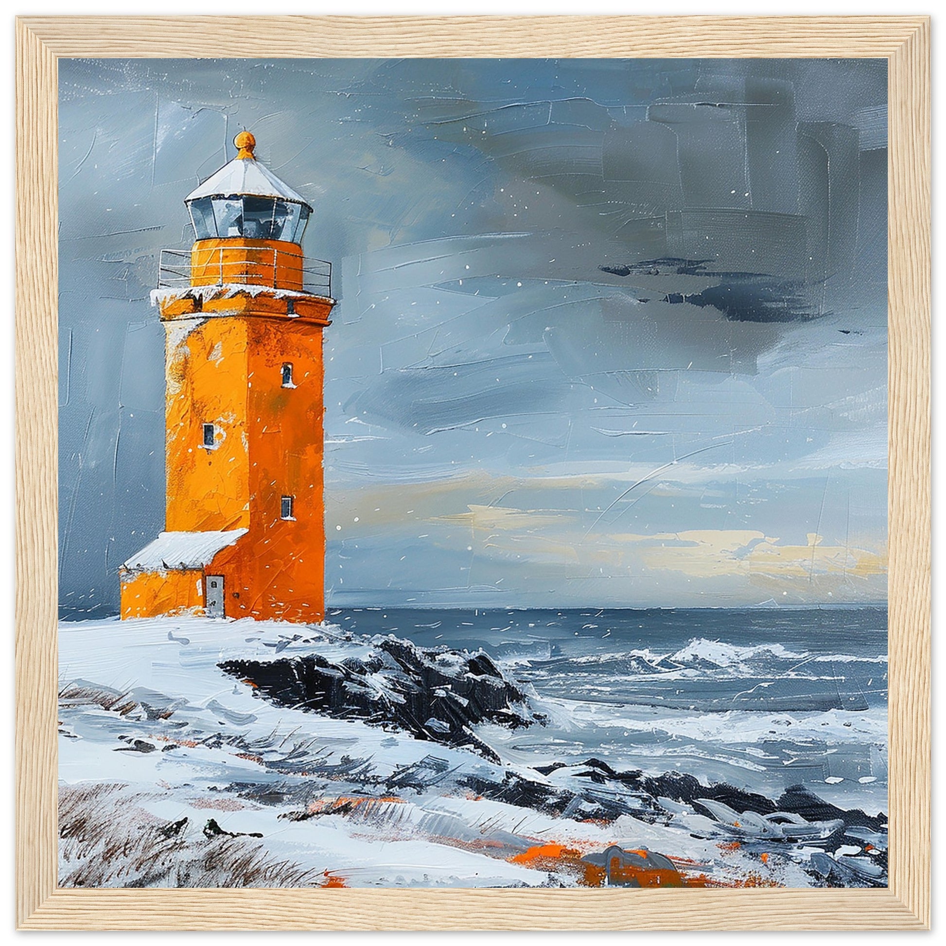 Guardian of the North: Svörtulóft Lighthouse in Winter - Large Framed Wood | By Print Room Ltd