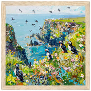 Puffins of Skomer Island: Coastal Elegance wood framed art print | By Print Room Ltd