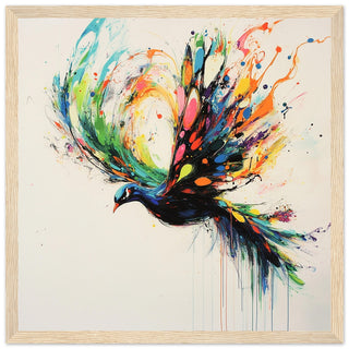 Neon Peacock In Flight Art Print Light Wood Frame