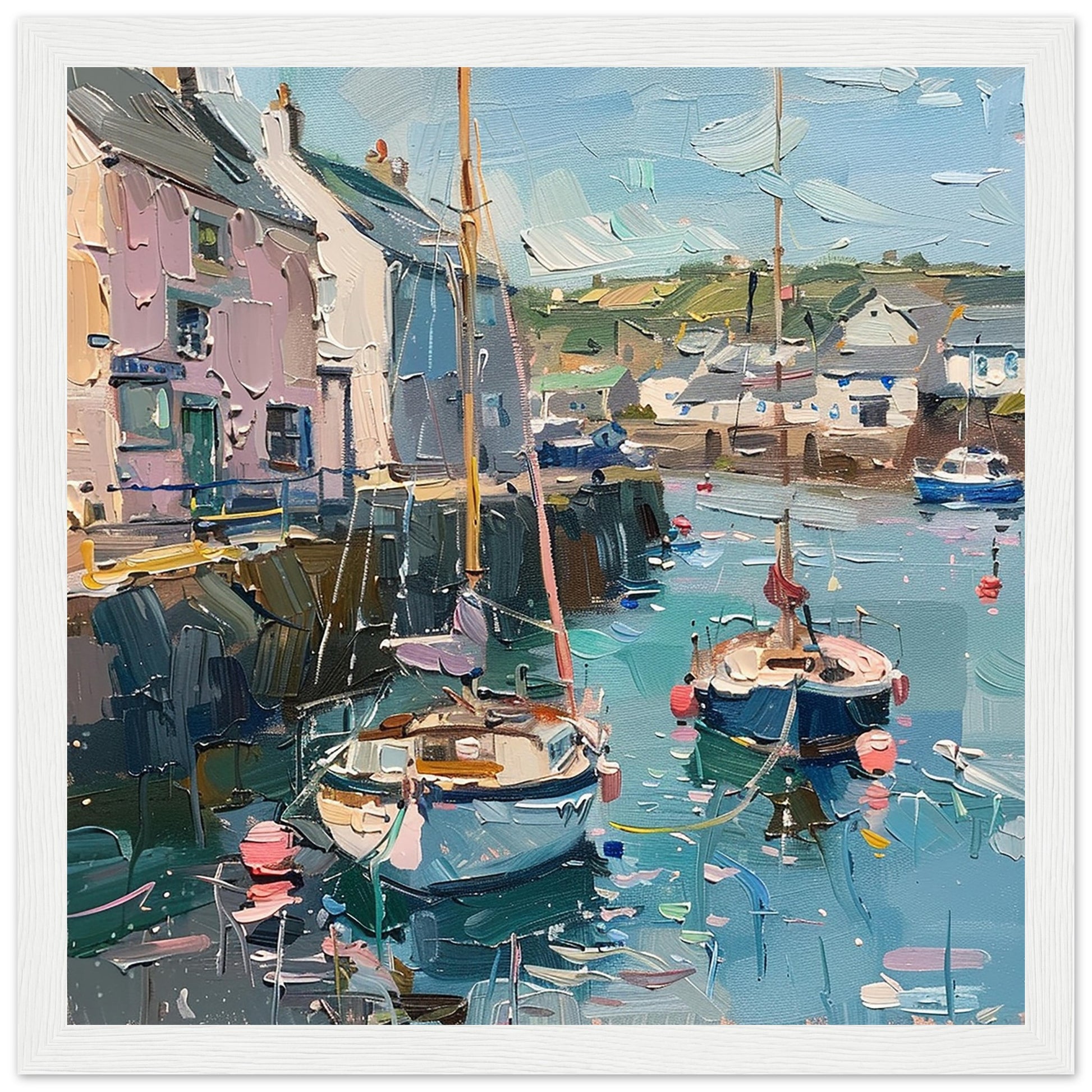 Quayside Quintessence: Padstow in Oil art print in white frame| by Print Room Ltd