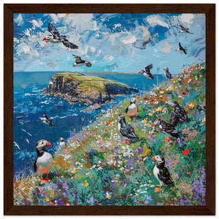 Skomer Island Serenade: Puffins in Paradise dark wood framed art print | By Print Room Ltd