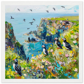 Puffins of Skomer Island: Coastal Elegance white framed art print | By Print Room Ltd