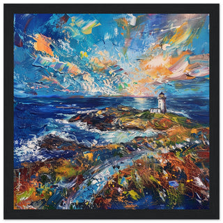 Llanddwyn Lighthouse in Vivid Oils black framed art print | By Print Room Ltd