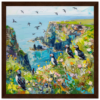Puffins of Skomer Island: Coastal Elegance dark wood framed art print | By Print Room Ltd