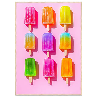 A Playful Symphony of Summer - Colourful Popsicles on a Pink Canvas Art Print Light Wood Frame
