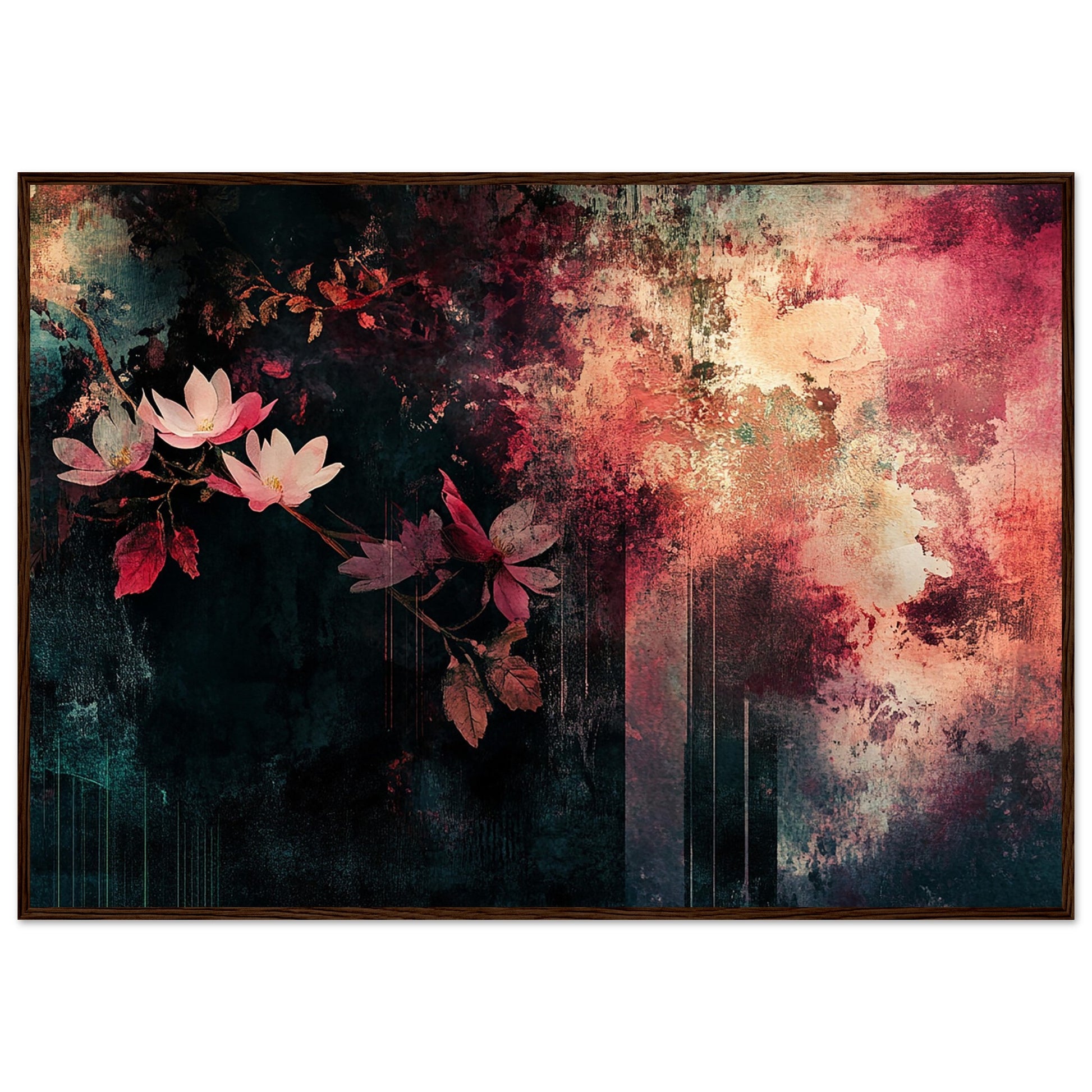 Abstract Floral Mixed Media Dark Wood Framed Art Print