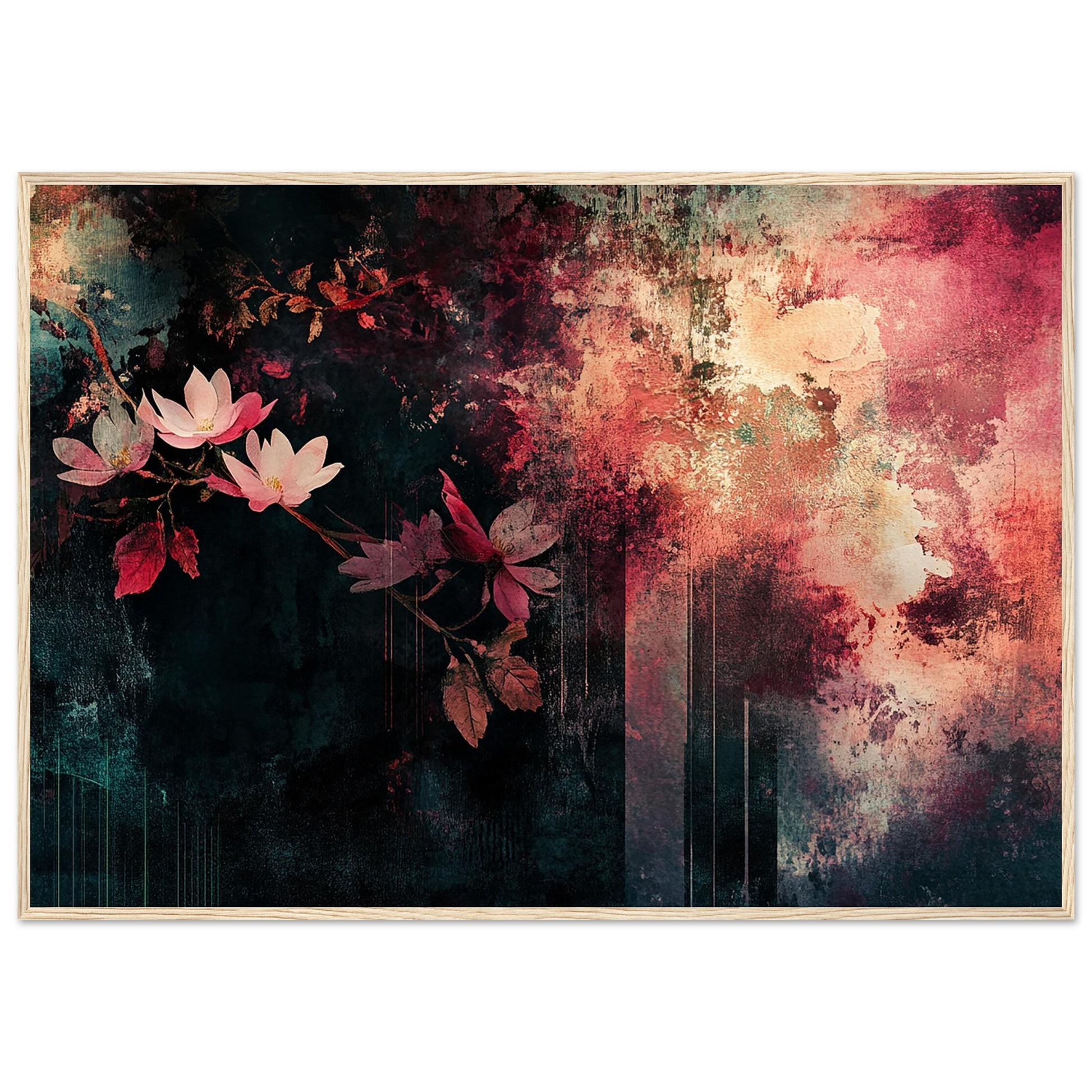 Abstract Floral Mixed Media Light Wood Framed Art Print