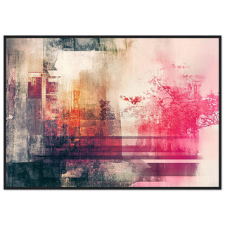 Abstract Floral Mixed Media in Vibrant Pink and Orange Black Wood Framed Art Print