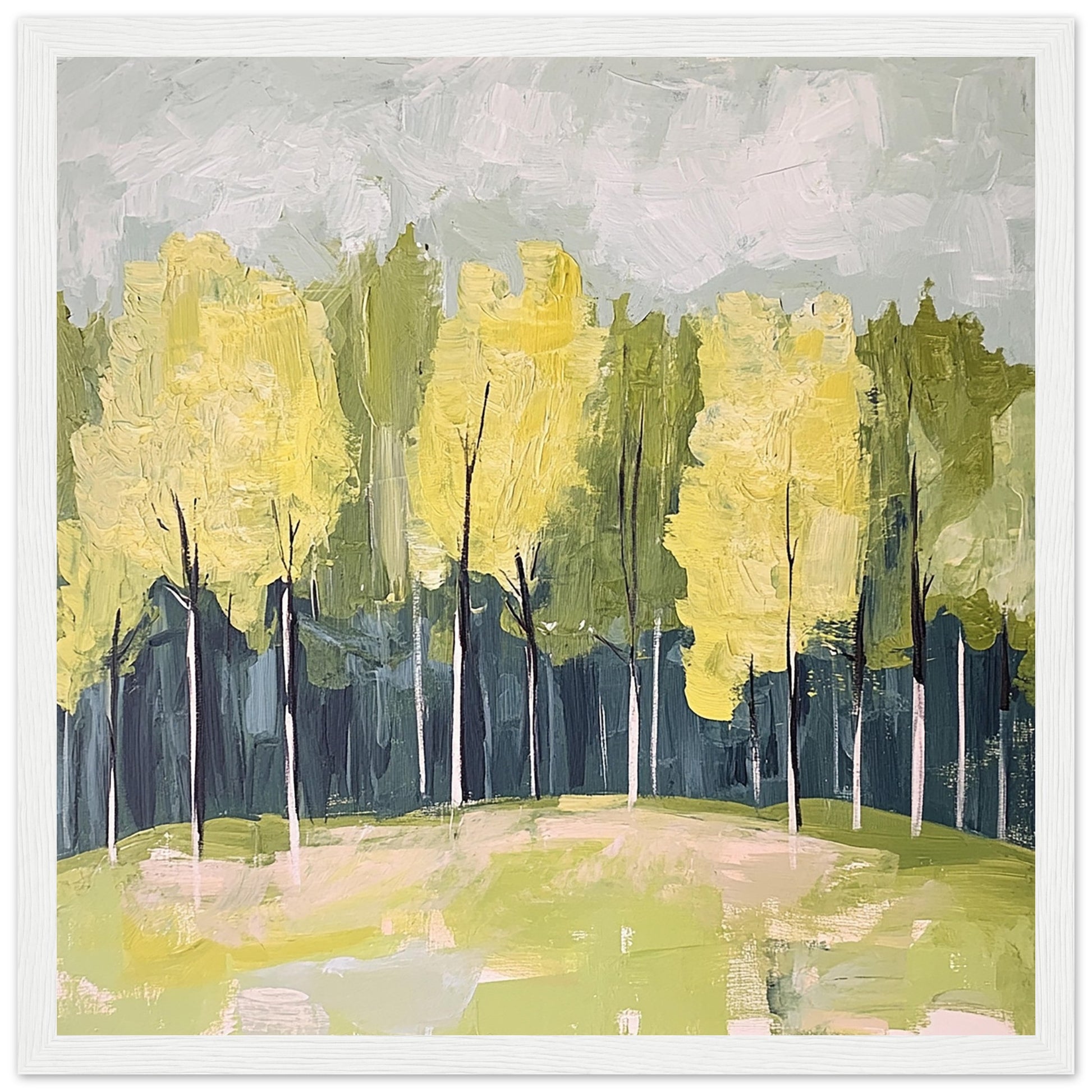 Abstract Forest of Serene Tall Trees White Wood Frame Art Print