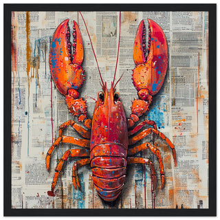Abstract Lobster Over Vintage Newsprint Art Print Black Frame