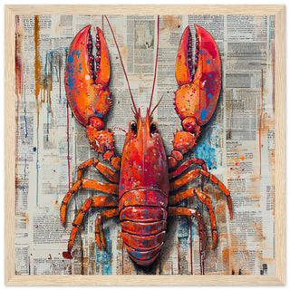 Abstract Lobster Over Vintage Newsprint Art Print Light Wood Frame