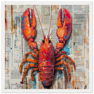 Abstract Lobster Over Vintage Newsprint Art Print White Frame