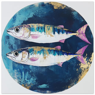 Abstract Mackerel Art Print with Blue and Gold Accents Art Print