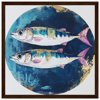 Abstract Mackerel Art Print with Blue and Gold Accents Art Print Dark Wood Frame