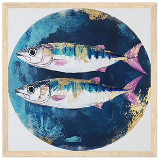 Abstract Mackerel Art Print with Blue and Gold Accents Art Print Light Wood Frame