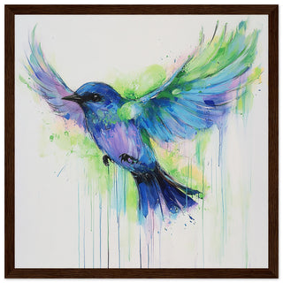 Bluebird in Flight - A Symphony of Colours Art Print Dark Wood Frame