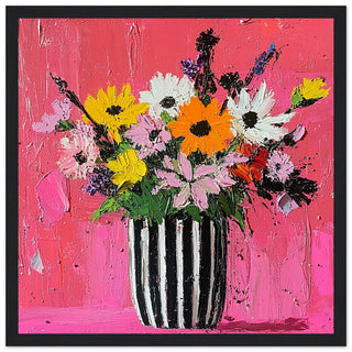Bright Floral Bouquet in Striped Vase Art Print Black Frame