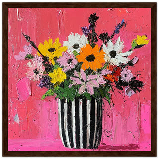 Bright Floral Bouquet in Striped Vase Art Print Dark Wood Frame