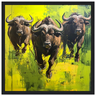 Buffalo Charging Art Print Black Frame