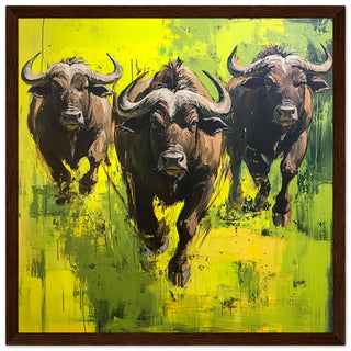 Buffalo Charging Art Print Dark Wood Frame