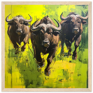 Buffalo Charging Art Print Light Wood Frame