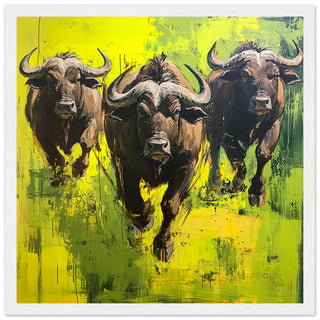 Buffalo Charging Art Print White Frame