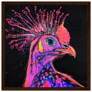 Electrifying Neon Guinea Fowl Art Print Dark Wood Frame