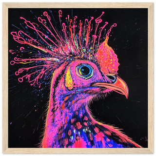 Electrifying Neon Guinea Fowl Art Print Light Wood Frame
