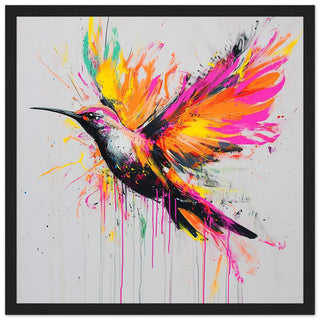 Explosive Neon Hummingbird In Flight Art Print Black Frame