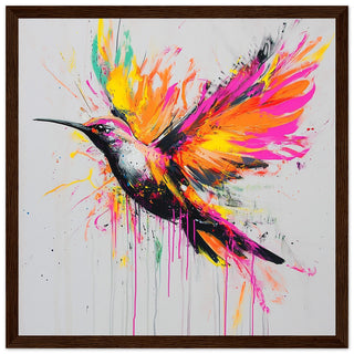 Explosive Neon Hummingbird In Flight Art Print Dark Wood Frame